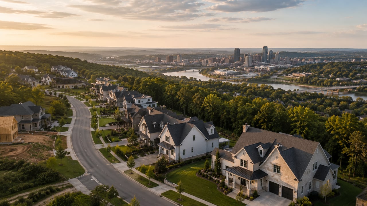 Aerial view of a growing Tennessee community with new homes, tree-lined neighborhoods, rolling hills, and a nearby city skyline, representing popular places people are moving to in Tennessee.