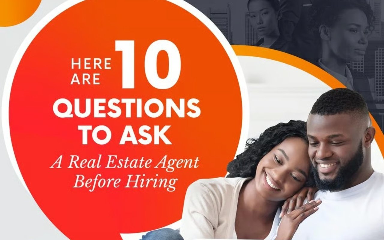 Graphic titled “10 Questions to Ask a Real Estate Agent Before Hiring,” beside a smiling couple.