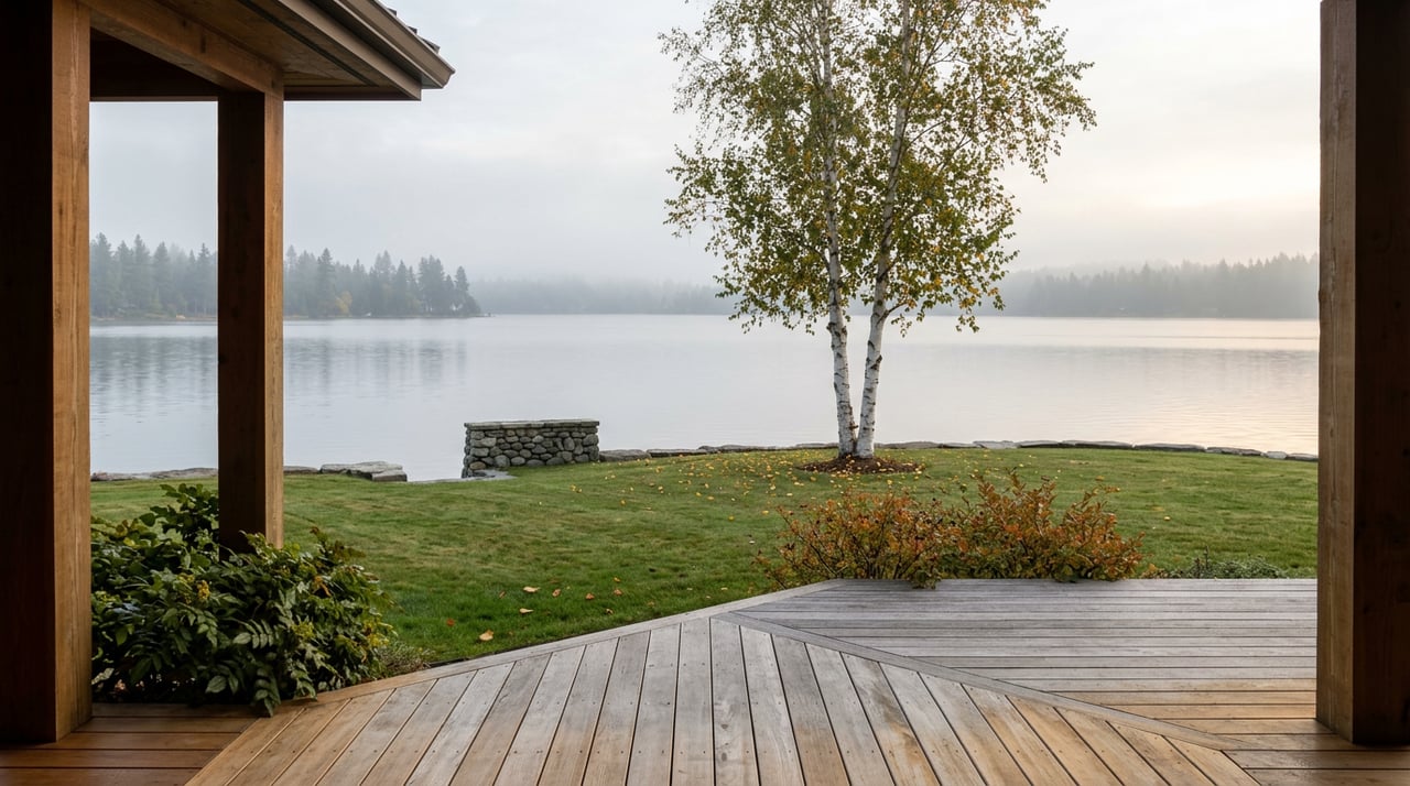 View from a timber-framed deck across a lawn and lone birch to a misty, still lake.