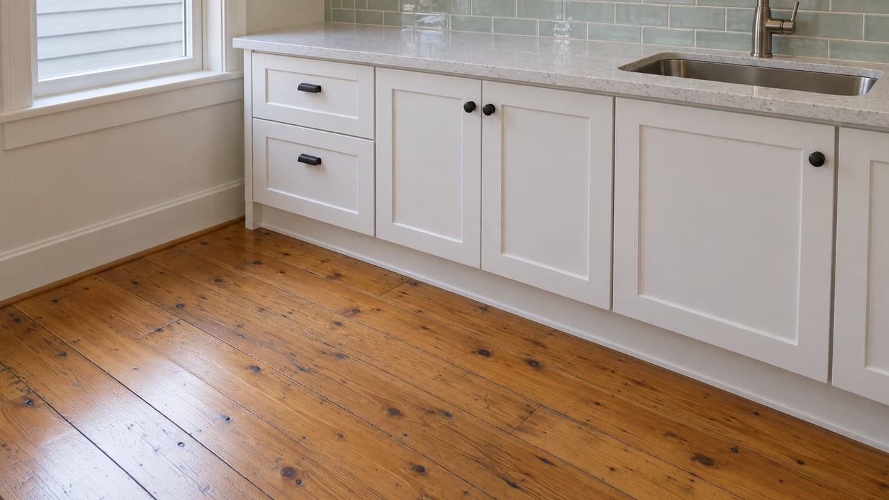 Amber pine flooring meets white shaker cabinets beneath a pale quartz counter and sea-glass tile backsplash in a sunlit kitchen.