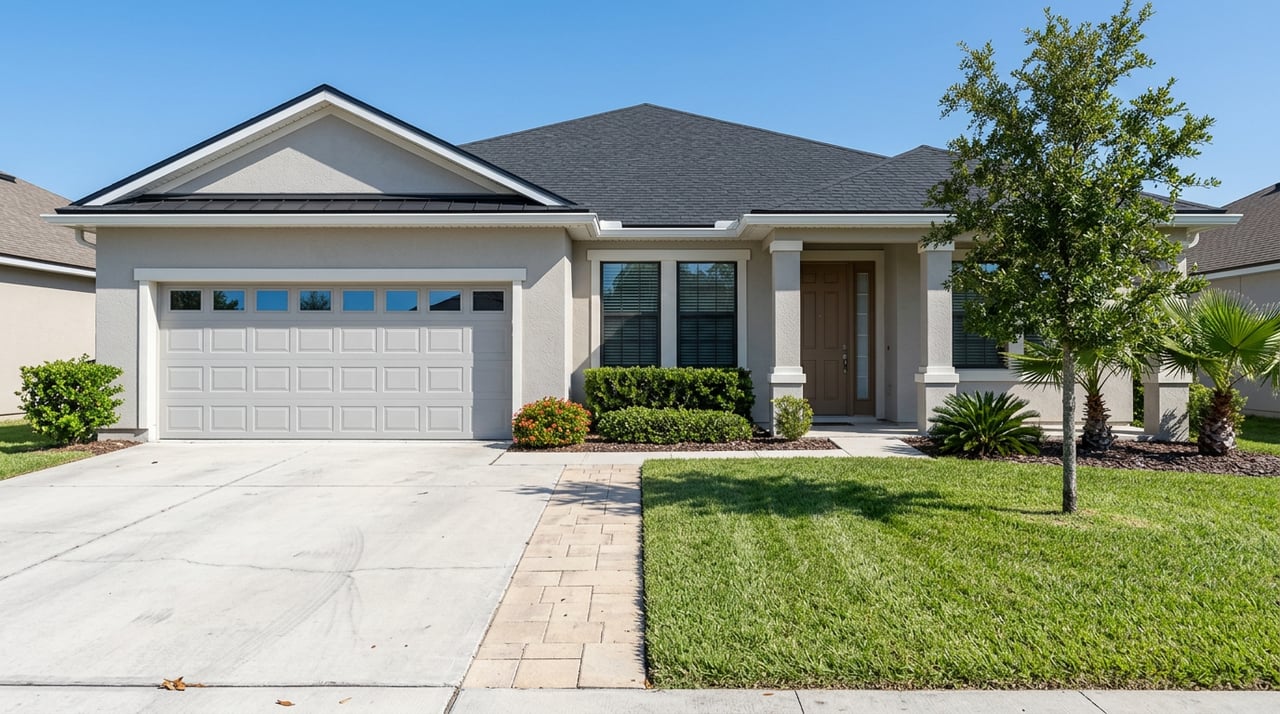 Single-story stucco home with a two-car garage, driveway, and tidy low-maintenance landscaping.