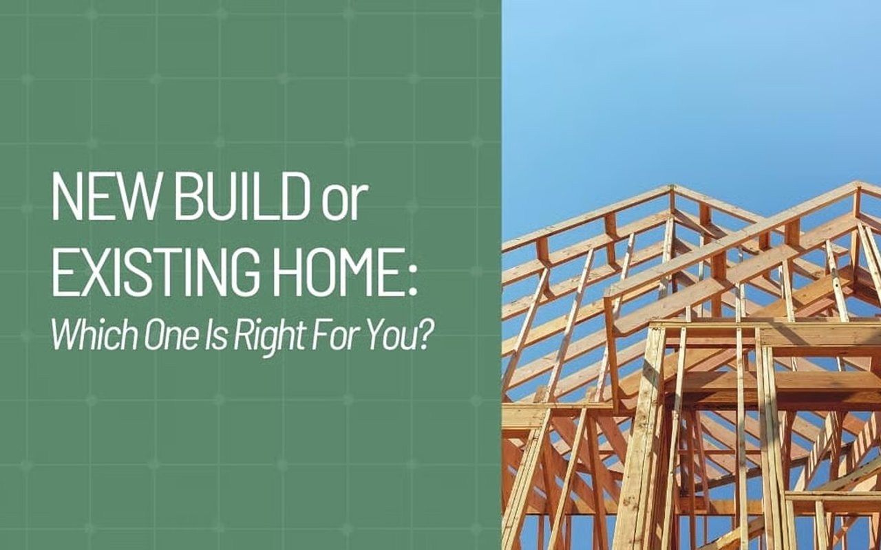 New build or existing home comparison graphic beside a wooden house frame under construction.