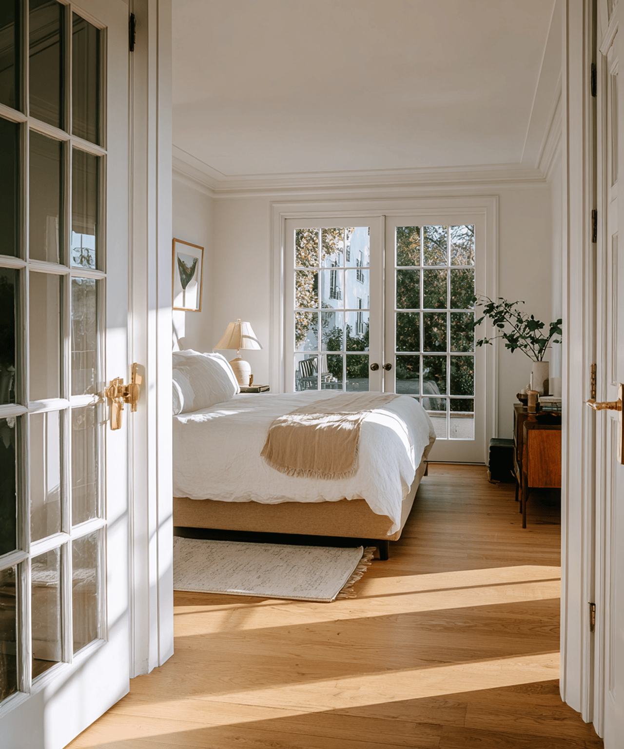 Sunlit bedroom with a white bed, French doors, and warm wood flooring.
