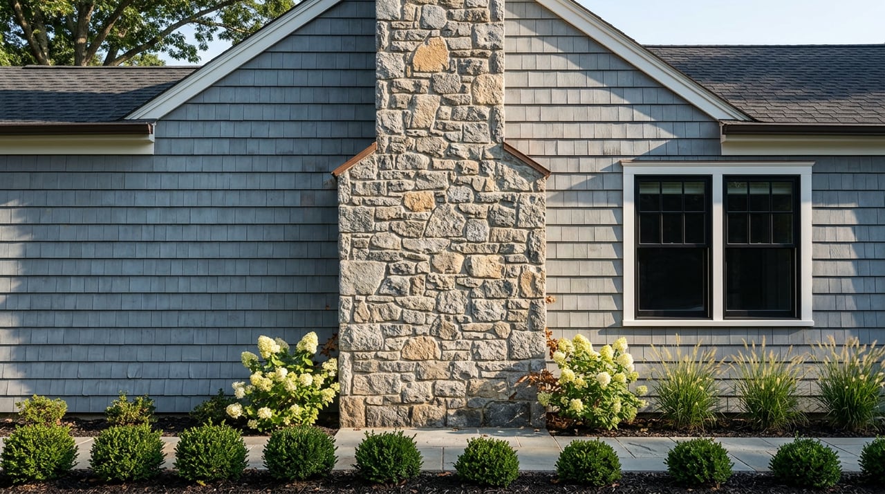 Fieldstone chimney between blue-gray shingle siding and a black divided-lite window, above a clipped hedge and bluestone walk.