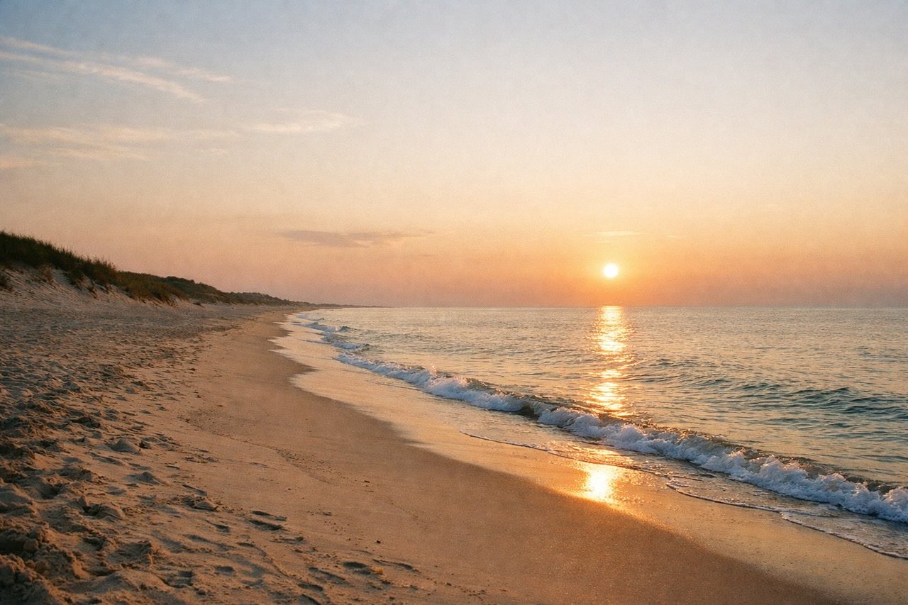 Amagansett beach in soft evening light with quiet shoreline