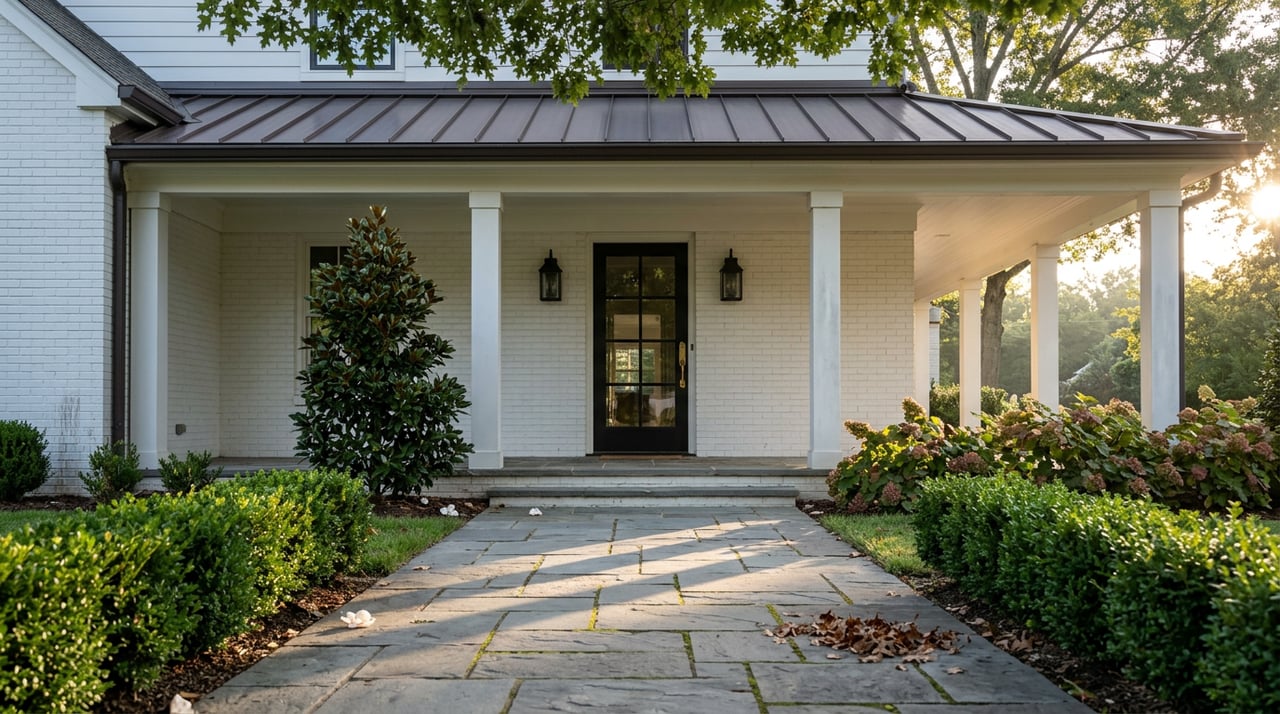 Stone walkway lined with clipped hedges leads to a white-brick porch and black glass-paneled door.