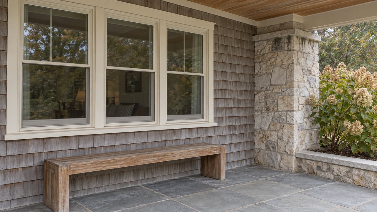 Weathered cedar-shingle porch with an ivory-framed window, teak bench, limestone pier and pale autumn hydrangea flowers.