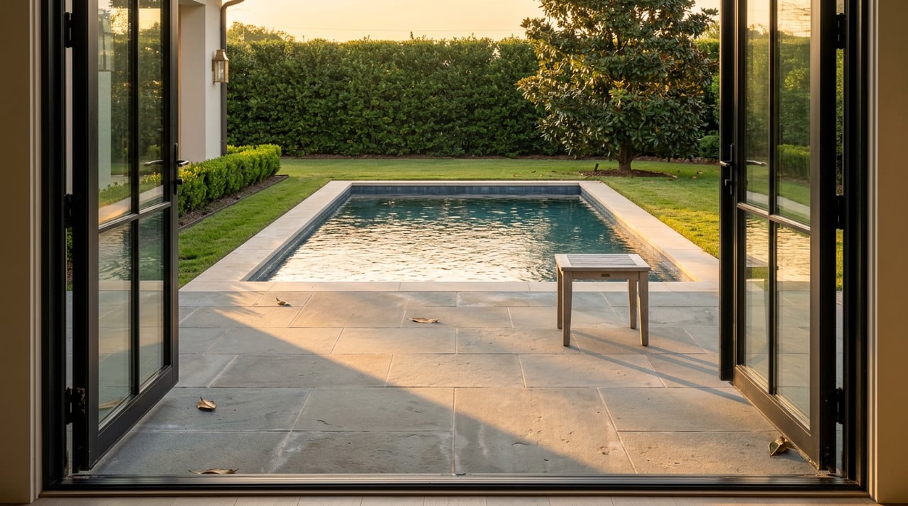 Rectangular pool with limestone coping beyond a bluestone patio, framed by open black doors and a magnolia tree.