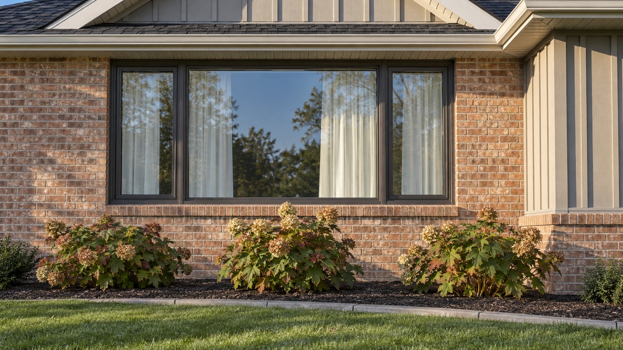 Close exterior view of a brick home with dark-framed windows, gray board-and-batten siding, oakleaf hydrangeas and a clipped lawn.