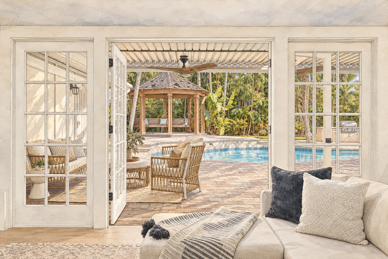 Living room opening onto a pool patio with a pergola and tropical landscaping.