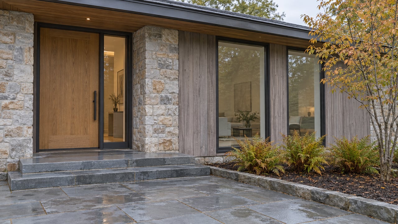 Wooded home entrance with oak door, fieldstone facade, bluestone steps, and amber-leaved tree.