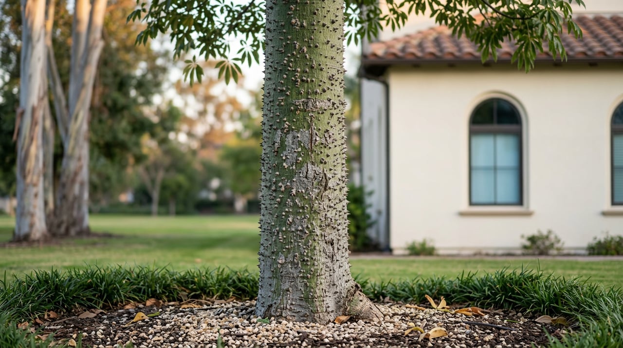Pale green-gray silk floss tree trunk covered in conical thorns, with a blurred stucco wall and arched window behind it.