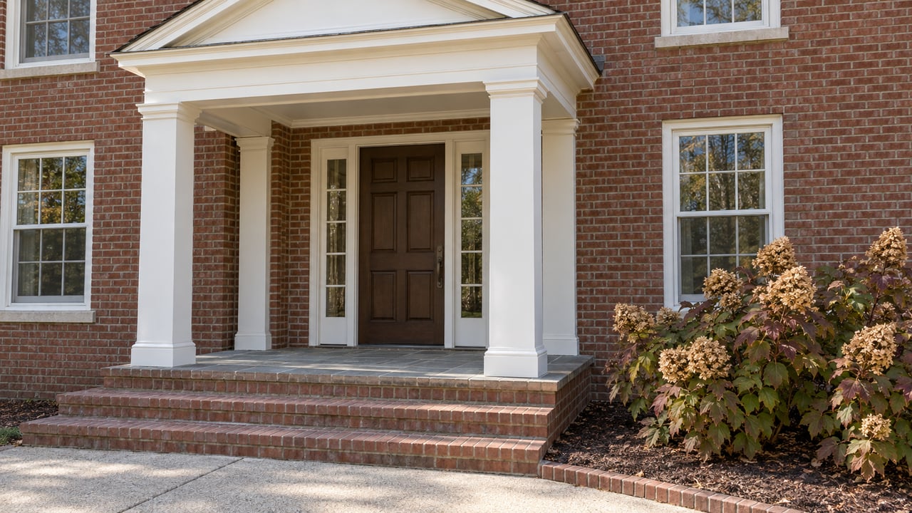 Red-brown brick home entrance with white timber columns, an oak door, limestone porch and autumn oakleaf hydrangeas.