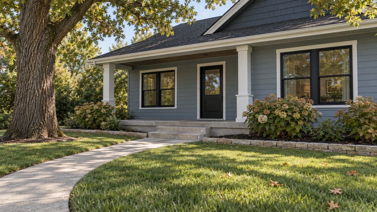 Updated blue-gray home with a covered front porch, deep lawn, and mature oak in early autumn light.