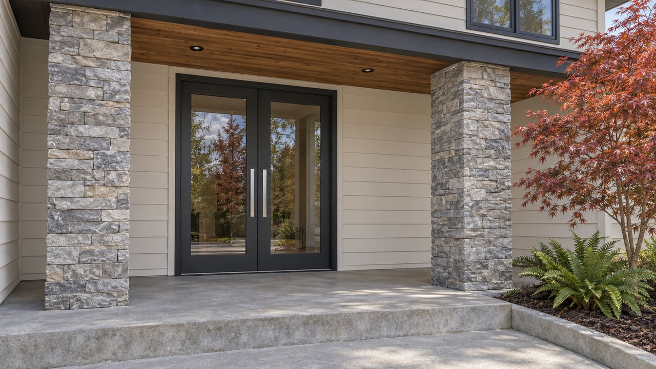 Contemporary covered entry with pale siding, paired glazed doors, stone piers and a copper-red Japanese maple beside the concrete landing.