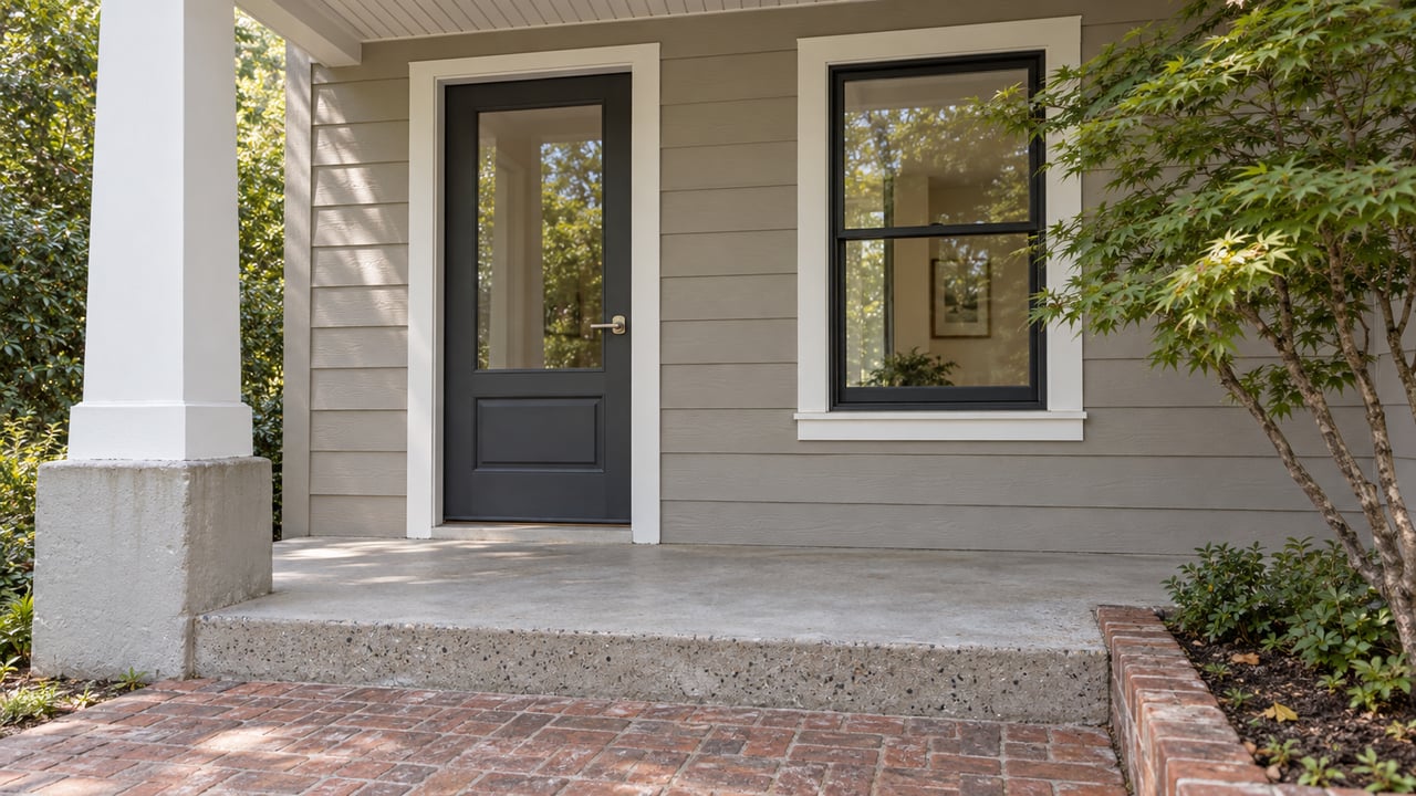 Updated home entry with a charcoal glazed door, white trim, greige siding, brick approach and a Japanese maple beside the porch.