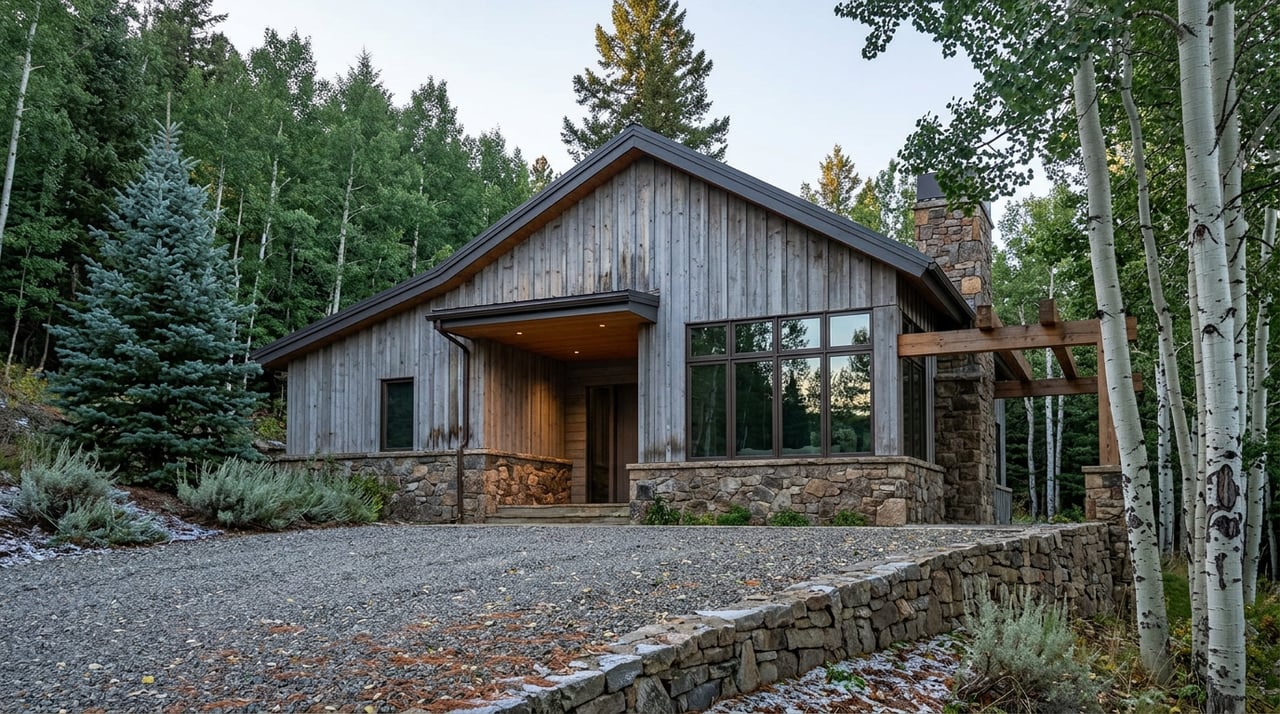 Timber-and-stone mountain home with a recessed entry, broad windows, and dark gabled roof among dense evergreens and aspens.