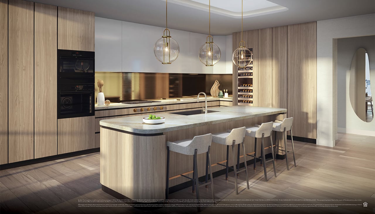 Forté on Flagler kitchen with waterfall island and custom cabinetry, rendering