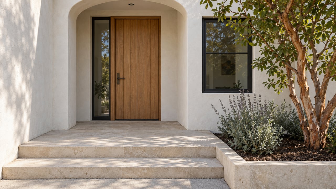 Sunlit plaster entrance with a timber door, black-framed glazing, limestone steps and a small strawberry tree beside a planted bed.