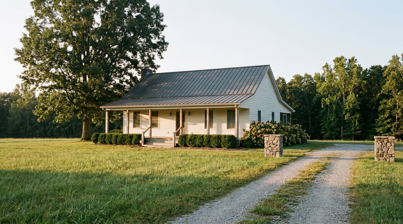 Off-white farmhouse with a covered porch beyond open pasture, gravel lane, and fieldstone pillars.