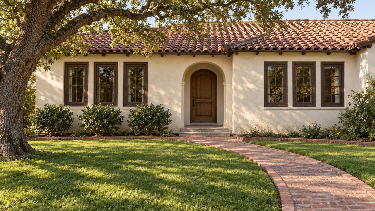 Ivory stucco home with clay-tile roof, arched entry, brick front walk and a mature oak framing a deep front lawn.