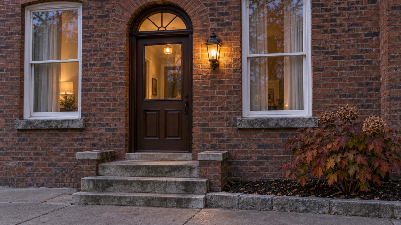 A brick home's arched entry, white-trimmed windows and worn limestone steps in cool evening light, with one warm wall lantern and an autumn oakleaf hydrangea.