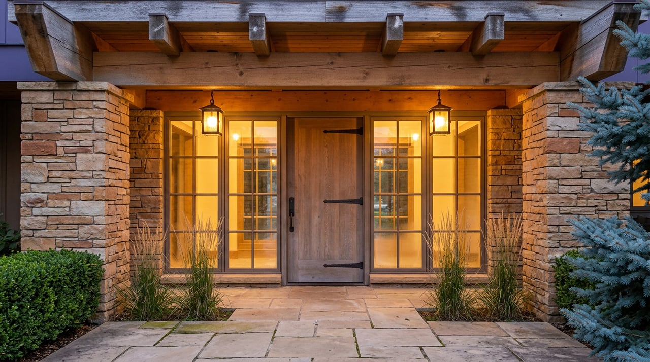 Covered storefront entrance with a white oak door, stone piers, and glowing amber pendant lanterns at dusk.