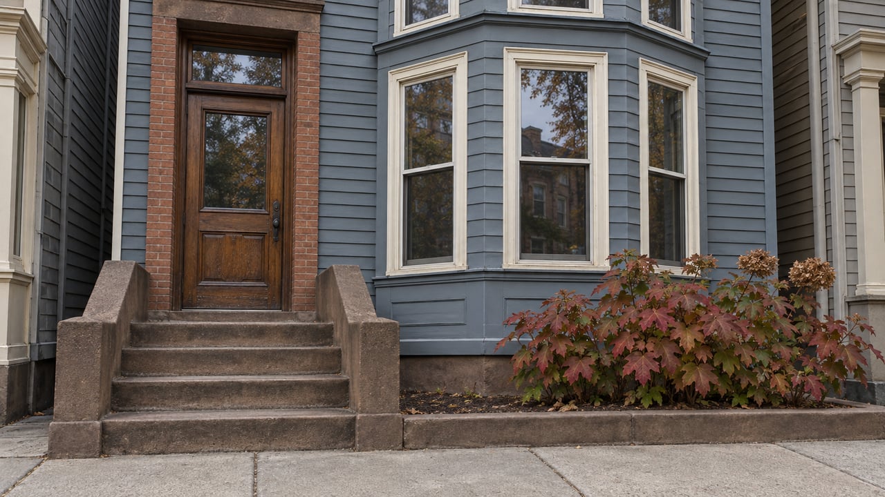 Slate-blue clapboard home with white-trimmed bay windows, a walnut entry door and worn brownstone steps in soft daylight.
