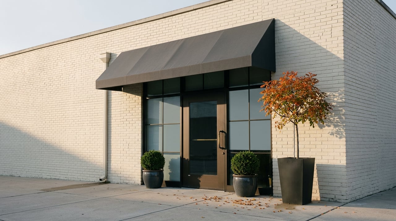 White-painted brick storefront with charcoal awning, black-framed windows, and an orange-red tree in a black planter.