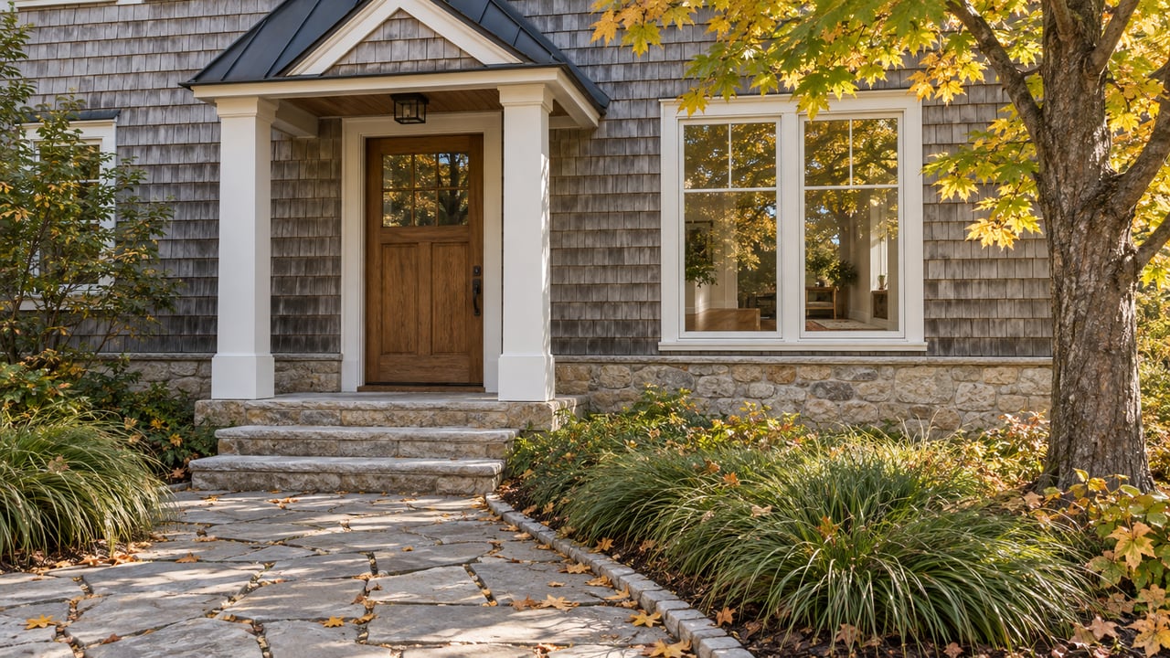 Cedar-shingled home with a covered oak entry, limestone steps and a gold-leaved maple beside the front garden.