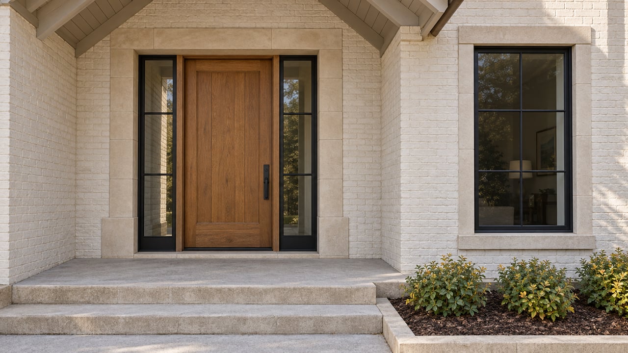 Close view of an oak front door with paired sidelights, painted brick, limestone steps, and a small autumn planting bed.