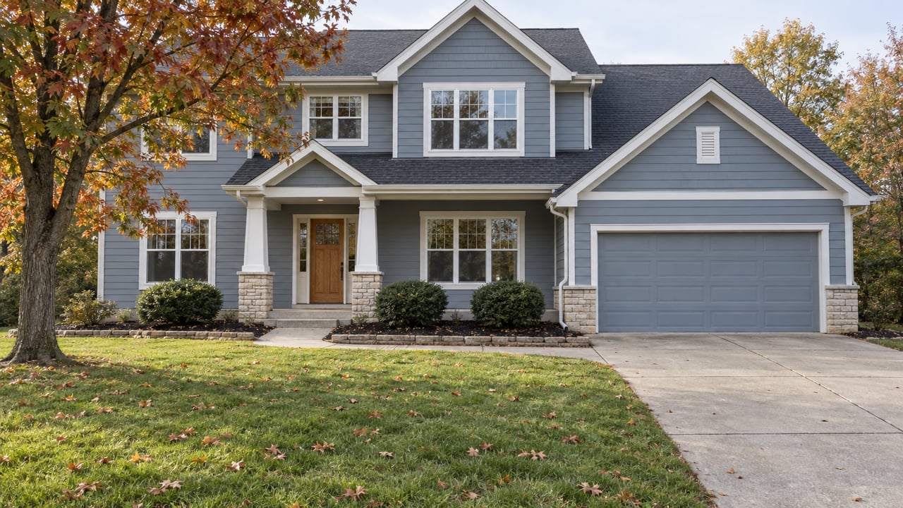 Blue-gray two-story home with stone porch bases, a deep front lawn and a mature oak turning russet in October.