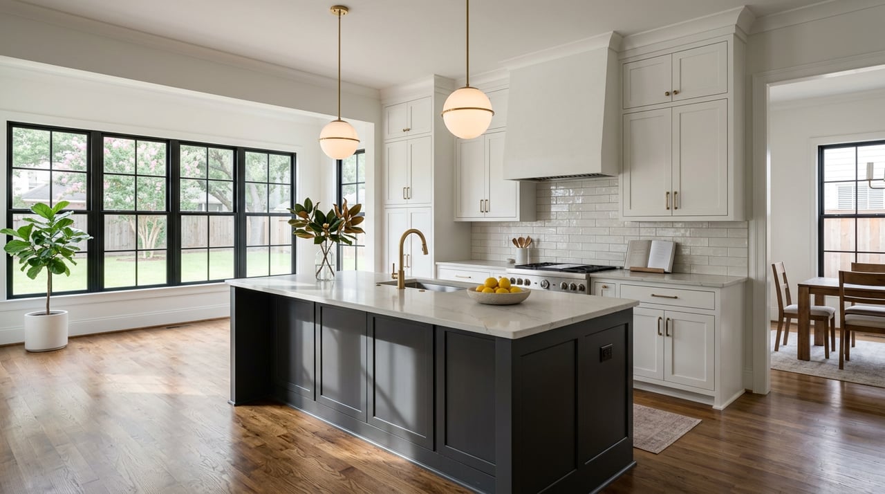 Kitchen and great room with white shaker cabinets, quartz island, brass lights, and backyard greenery.