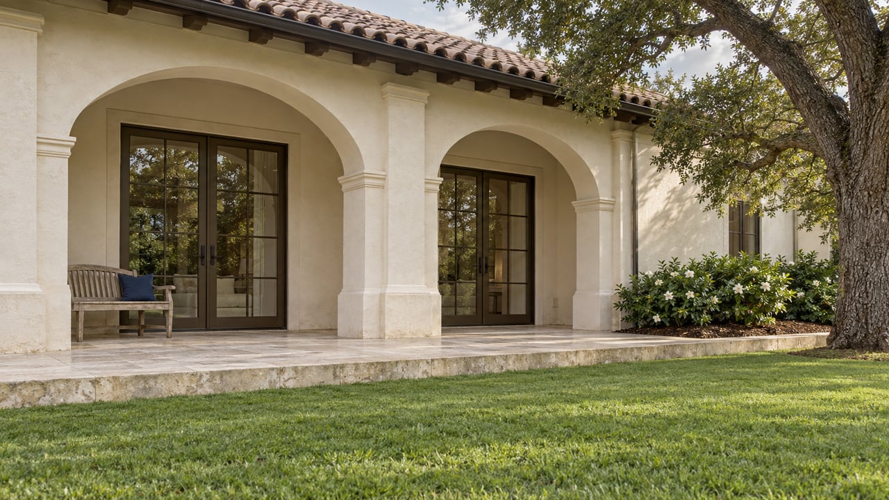 An ivory-stucco estate wing with two arched terraces, closed bronze-framed doors, limestone steps and a deep green lawn beneath soft afternoon light.