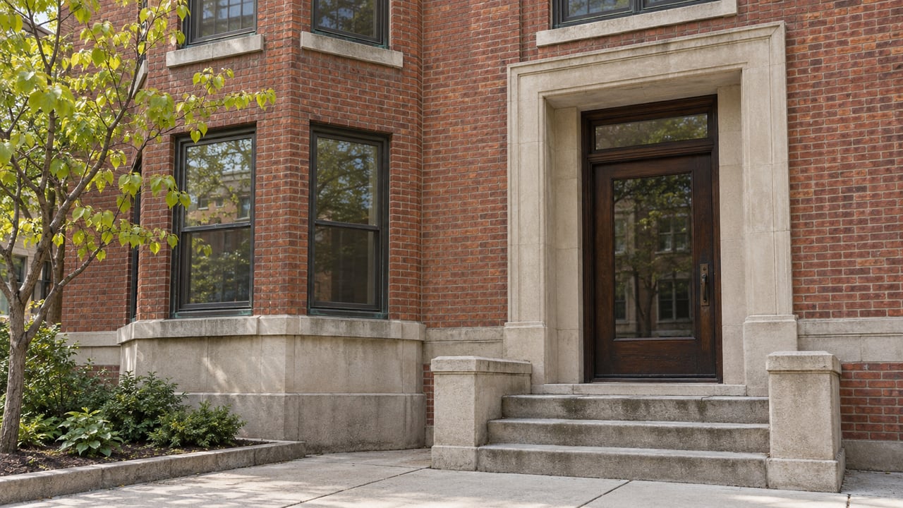 Red brick condominium entrance with an oak glazed door, limestone steps, bronze-framed bay windows and a small redbud tree.