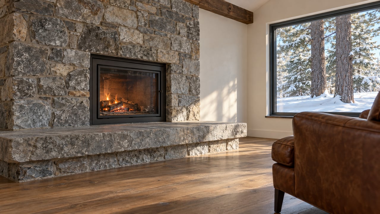 Stone fireplace and worn leather chair in a timber-accented sitting room, with snow and pine trunks beyond a closed window.