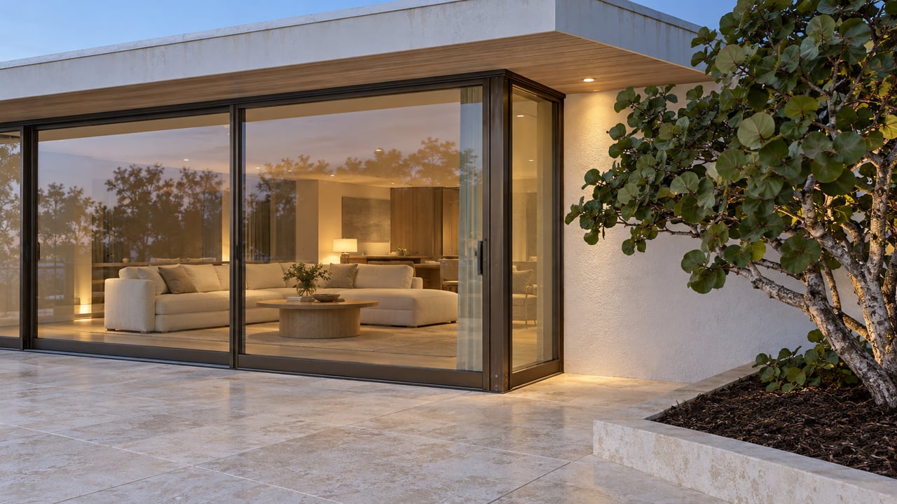 Dusk light on a contemporary home's limestone terrace, bronze-framed glazing, white stucco, and a sculptural sea grape tree.