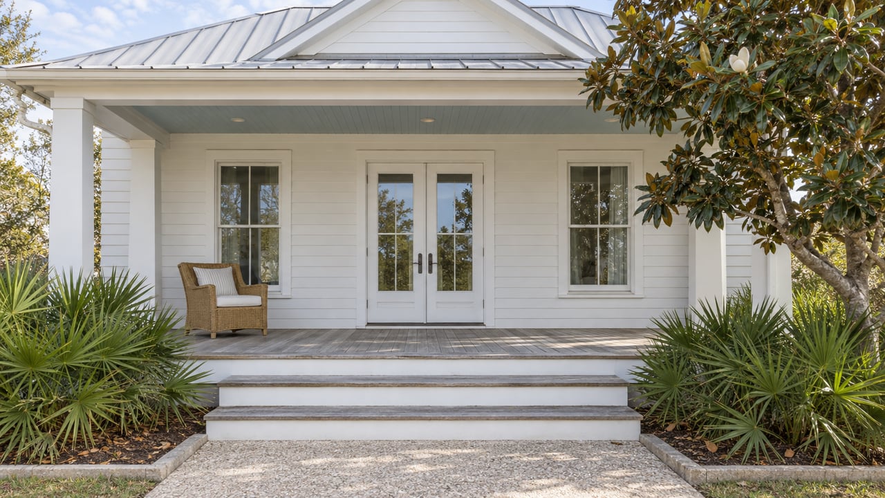 White wood-sided home with a pale metal gable roof, shaded front porch, shell-aggregate walk and sculptural magnolia.