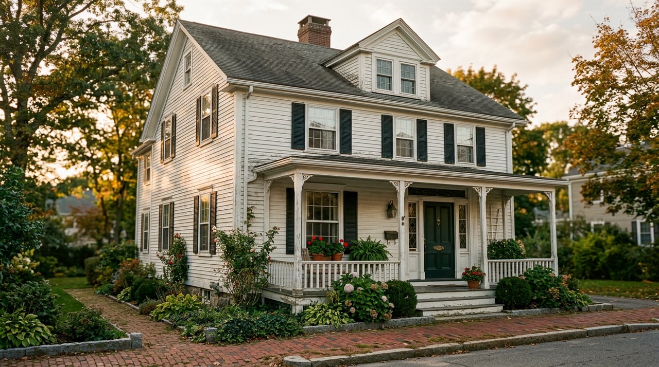 Seafoam-gray clapboard house with two-tier white porches, round columns, black shutters, brick sidewalk and low garden wall.