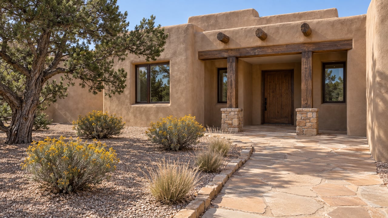 Sand-colored stucco home with a timber-covered entry, sandstone approach, sculptural pinyon pine and golden flowering shrubs.