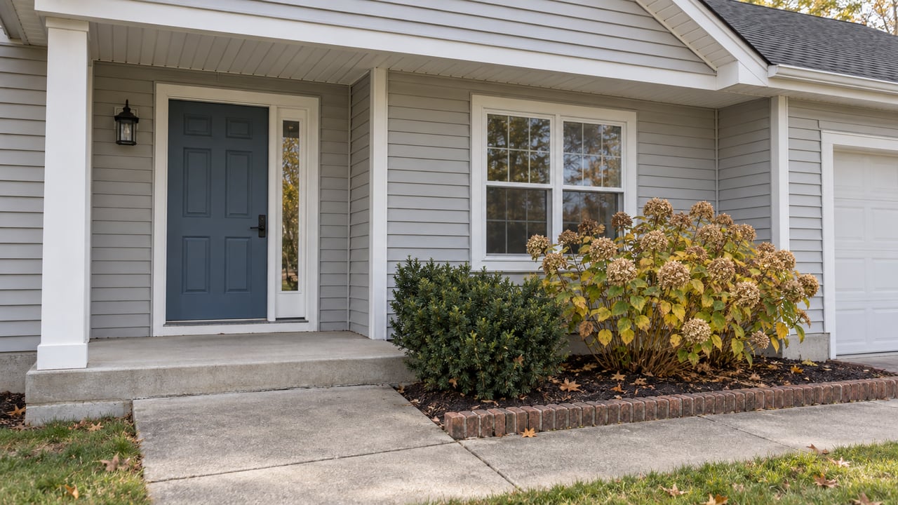 Light-gray sided home with a recessed blue front door, white-framed window, concrete approach and autumn foundation planting.