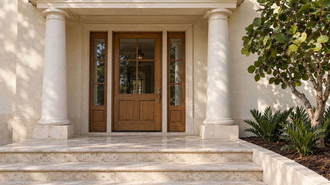 Cream stucco entrance with paired columns, a closed timber-and-glass door, shell limestone steps and sea grape planting in morning light.
