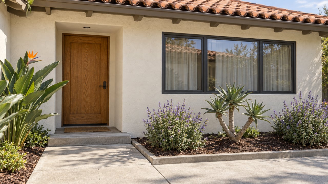 Cream stucco home with a clay-tile roof, oak entry door, charcoal-framed window and planted beds beside a concrete approach.