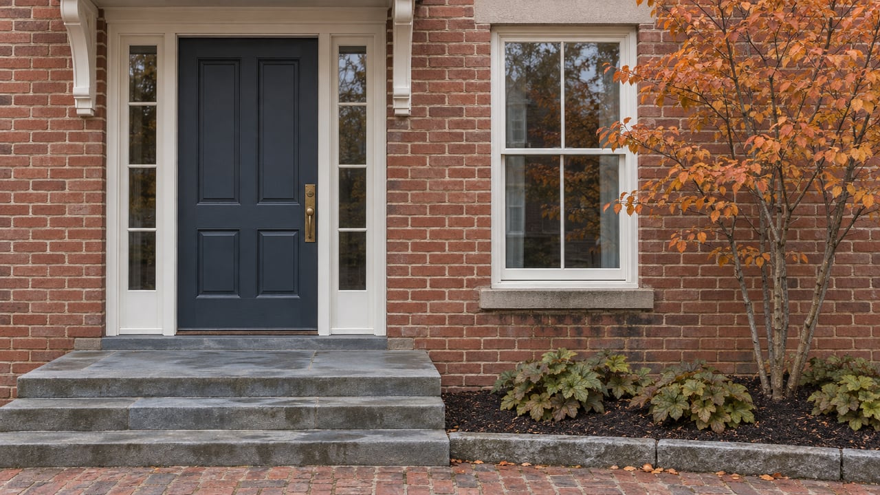 Brick home entrance with a dark blue door, stone steps, and an orange-leaved tree.