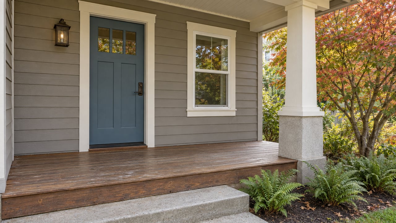 Covered entry with a muted blue door, warm gray wood siding, worn fir porch decking and a vine maple beside the concrete landing.