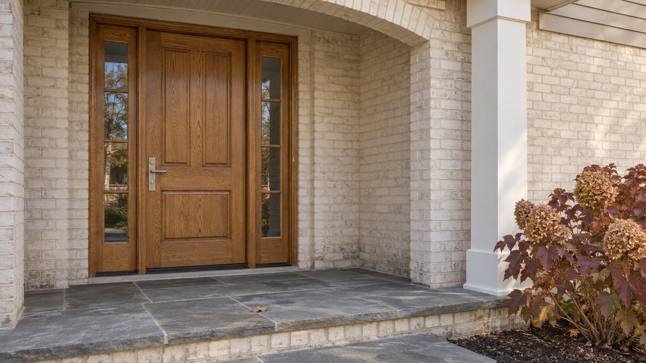 Covered entry with cream painted brick, an oak front door and paired sidelights, a bluestone landing, and burgundy oakleaf hydrangea.