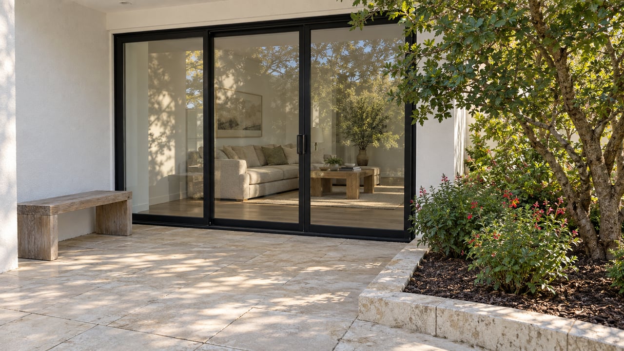 White masonry home with black-framed glass doors, a pale limestone terrace and an oak-shaded garden edge.