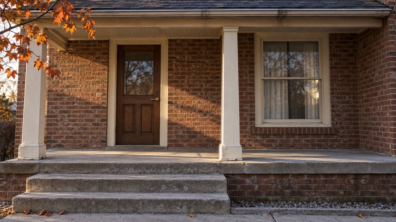 Late-autumn sunlight warms a brick home's covered porch, oak front door and cream-trimmed window.