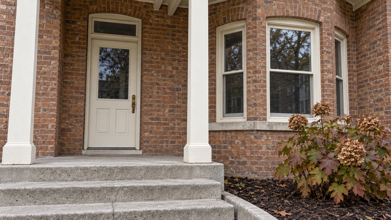 A cared-for brick house entry with cream-painted windows, worn concrete steps and autumn oakleaf hydrangea.