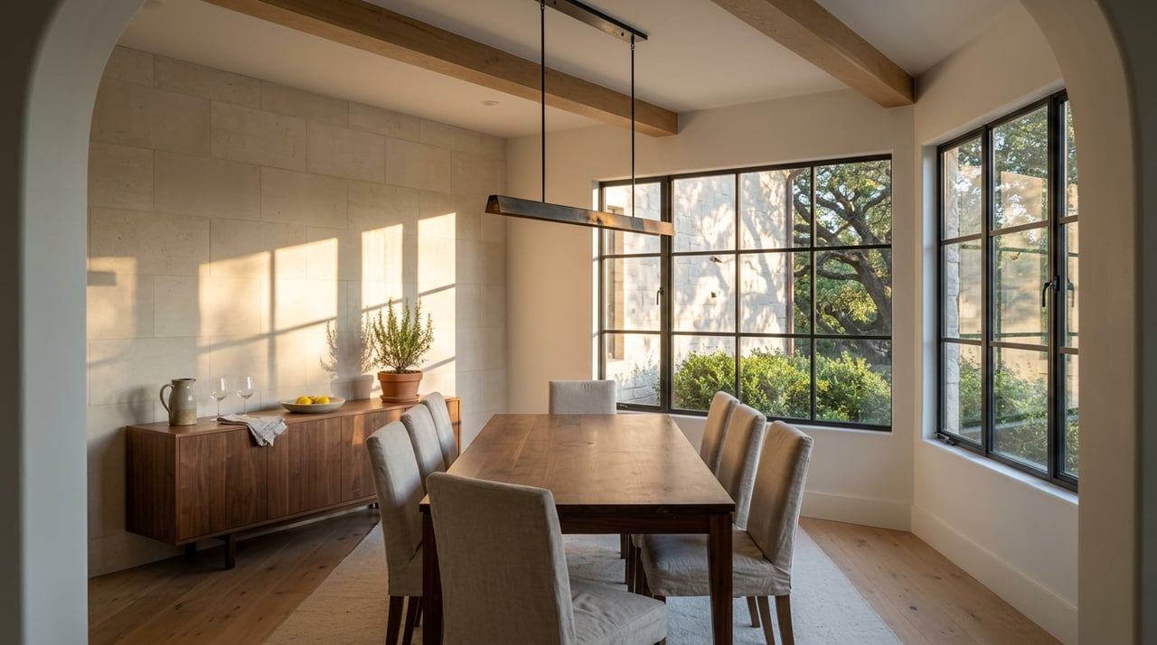 Walnut dining table with linen chairs in a limestone room, sunlight crossing the floor from steel-framed windows.